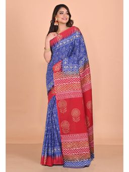Unnati Silks - Blue Red Pure Gold Embossed Printed Soft Cotton Saree with Unstitched Blouse