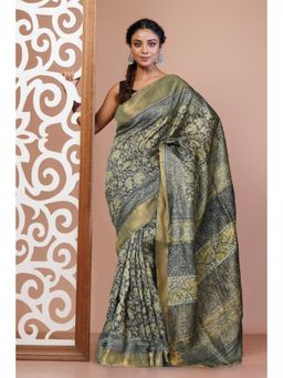 Unnati Silks - Navy Blue Pure Handloom Block Printed Tussar Silk Saree with Unstitched Blouse