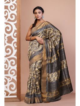 Unnati Silks - Beige Pure Handloom Vanaspati Block Printed Tussar Silk Saree with Unstitched Blouse