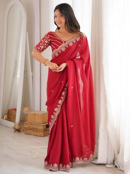 Sareemall - Red Embroidered Saree with Unstitched Blouse