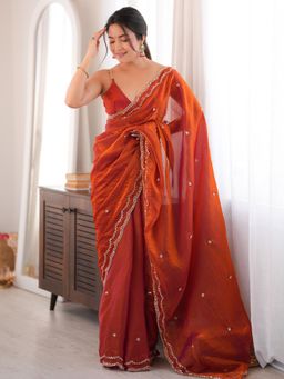 Sareemall - Orange Embellished/Sequined Saree with Unstitched Blouse