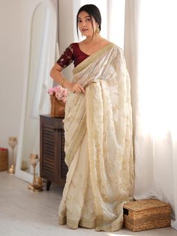 Sareemall - Cream Embellished/Sequined Saree with Unstitched Blouse