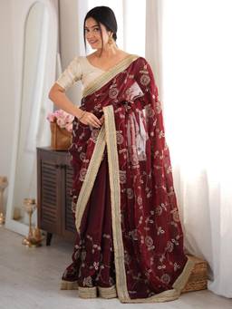 Sareemall - Maroon Embellished/Sequined Saree with Unstitched Blouse