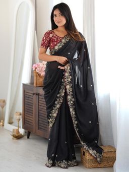 Sareemall - Black Embroidered Saree with Unstitched Blouse