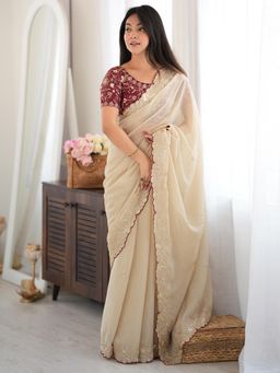 Sareemall - Cream Embroidered Saree with Unstitched Blouse