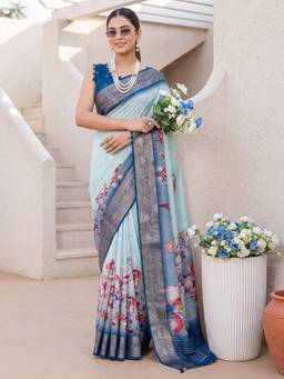 Sareemall - Blue Floral Printed Saree with Unstitched Blouse