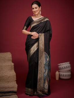 Sareemall - Black Woven Zari Saree with Unstitched Blouse
