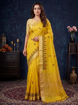 Sareemall - Yellow Embroidered Saree with Unstitched Blouse