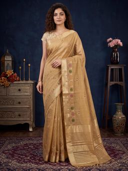 Sareemall - Beige Embroidered Saree with Unstitched Blouse