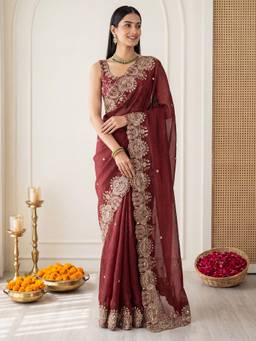 Sareemall - Maroon Embellished/Sequined Saree with Unstitched Blouse