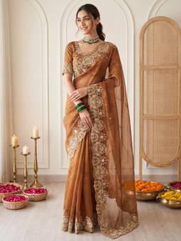 Sareemall - Rust Embellished/Sequined Saree with Unstitched Blouse