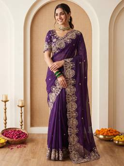 Sareemall - Purple Embellished/Sequined Saree with Unstitched Blouse