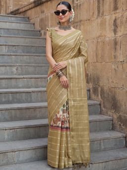 Sareemall - Gold Printed Saree with Unstitched Blouse