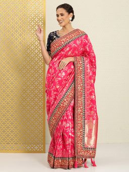 INDDUS - Magenta Woven Zari Saree with Unstitched Blouse