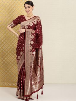 INDDUS - Brown Woven Zari Saree with Unstitched Blouse