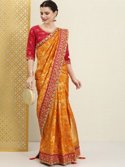 INDDUS - Orange Floral Printed Saree with Unstitched Blouse