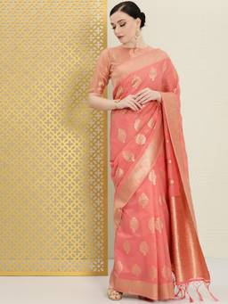 INDDUS - Peach Woven Zari Saree with Unstitched Blouse