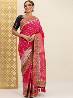 INDDUS - Magenta Embroidered Saree with Unstitched Blouse