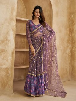 INDDUS - Lavender Floral Printed Saree with Unstitched Blouse
