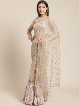 INDDUS - White Floral Printed Saree with Unstitched Blouse