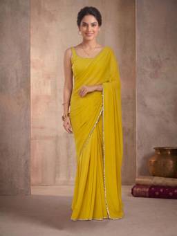 INDDUS - Mustard Solid/Plain Saree with Unstitched Blouse