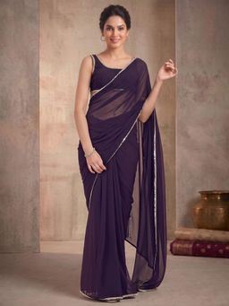 INDDUS - Purple Solid/Plain Saree with Unstitched Blouse
