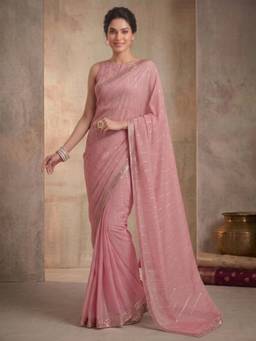 INDDUS - Pink Embellished/Sequined Saree with Unstitched Blouse