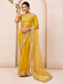 INDDUS - Mustard Embroidered Thread Work Saree with Unstitched Blouse