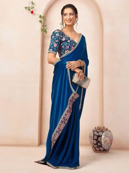 INDDUS - Blue Floral Printed Saree with Unstitched Blouse