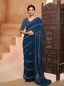 INDDUS - Teal Floral Printed Saree with Unstitched Blouse