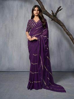 INDDUS - Purple Floral Printed Saree with Unstitched Blouse