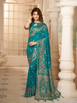 INDDUS - Turquoise Woven Zari Saree with Unstitched Blouse