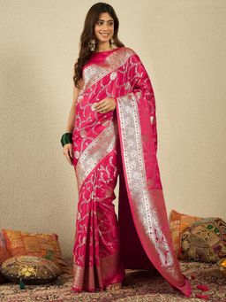 INDDUS - Magenta Woven Zari Saree with Unstitched Blouse