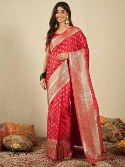 INDDUS - Red Woven Zari Saree with Unstitched Blouse