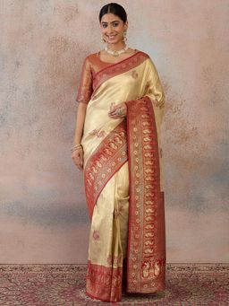 INDDUS - Beige Woven Zari Saree with Unstitched Blouse