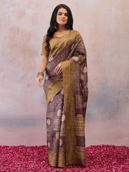Sareemall - Brown Embroidered Mirror Work Saree with Unstitched Blouse