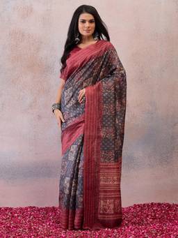 Sareemall - Charcoal Embroidered Mirror Work Saree with Unstitched Blouse