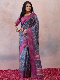 Sareemall - Navy Blue Embroidered Mirror Work Saree with Unstitched Blouse