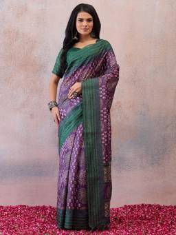 Sareemall - Purple Embroidered Mirror Work Saree with Unstitched Blouse