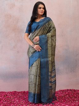 Sareemall - Green Embroidered Mirror Work Saree with Unstitched Blouse