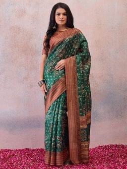 Sareemall - Green Embroidered Thread Work Saree with Unstitched Blouse