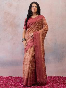 Sareemall - Rust Embroidered Thread Work Saree with Unstitched Blouse