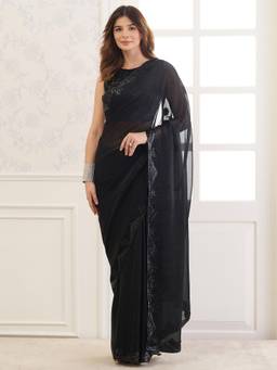 Sareemall - Black Embellished/Sequined Saree with Unstitched Blouse
