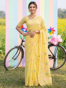Sareemall - Yellow Floral Printed Saree with Unstitched Blouse
