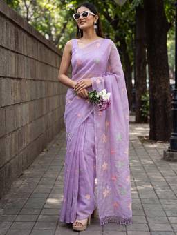 Sareemall - Lavender Embroidered Saree with Unstitched Blouse