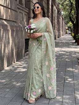 Sareemall - Green Embroidered Saree with Unstitched Blouse