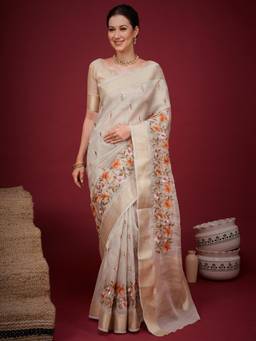 Sareemall - Beige Embroidered Saree with Unstitched Blouse