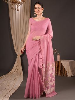 Sareemall - Pink Solid/Plain Saree with Unstitched Blouse
