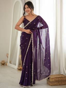 Sareemall - Purple Embellished/Sequined Saree with Unstitched Blouse