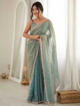Sareemall - Blue Embellished/Sequined Saree with Unstitched Blouse